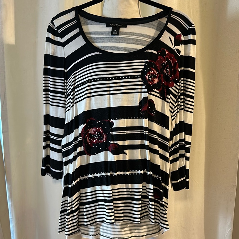 White House Black Market striped floral rhinestone 3/4 sleeve top